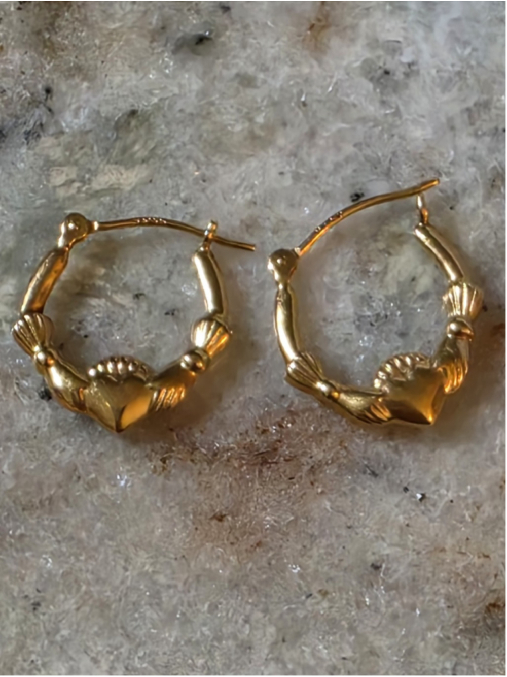 Vintage JCM 14K Yellow Gold Irish Claddagh Hoop Earrings Celtic Creole Small